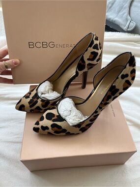 BCBG Leopard Print Pointed Toe Stiletto Pumps - Tan/Black